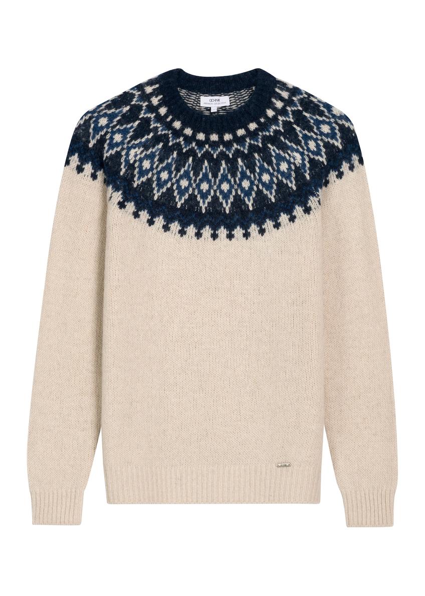 Jasnobeżowy sweter męski z wełny SWEMT-0213-1A(Z26), widok produktu z przodu na białym tle.