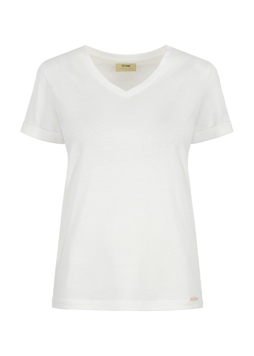 Kremowy T-shirt damski w serek TSHDT-0118-12(W24)-03