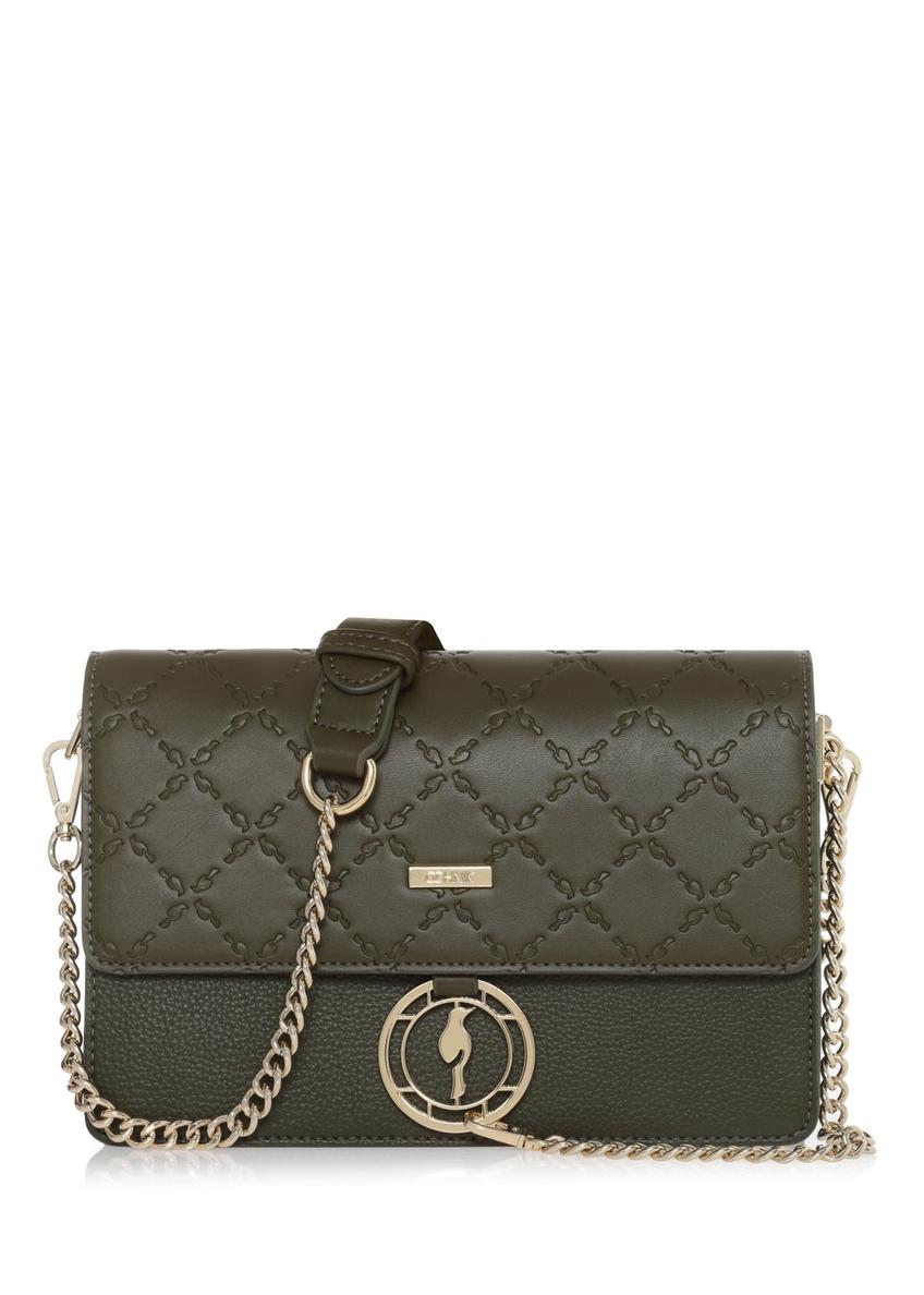 Torebka damska khaki z monogramem TOREC-0536B-55(W25) - widok torebki z przodu na białym tle. 