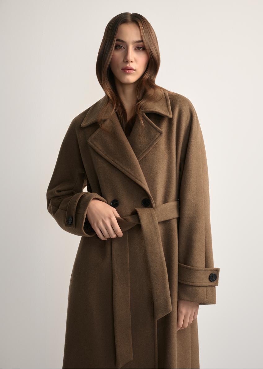 Wełniany płaszcz damski camelowy PLADT-0061-24(Z25)