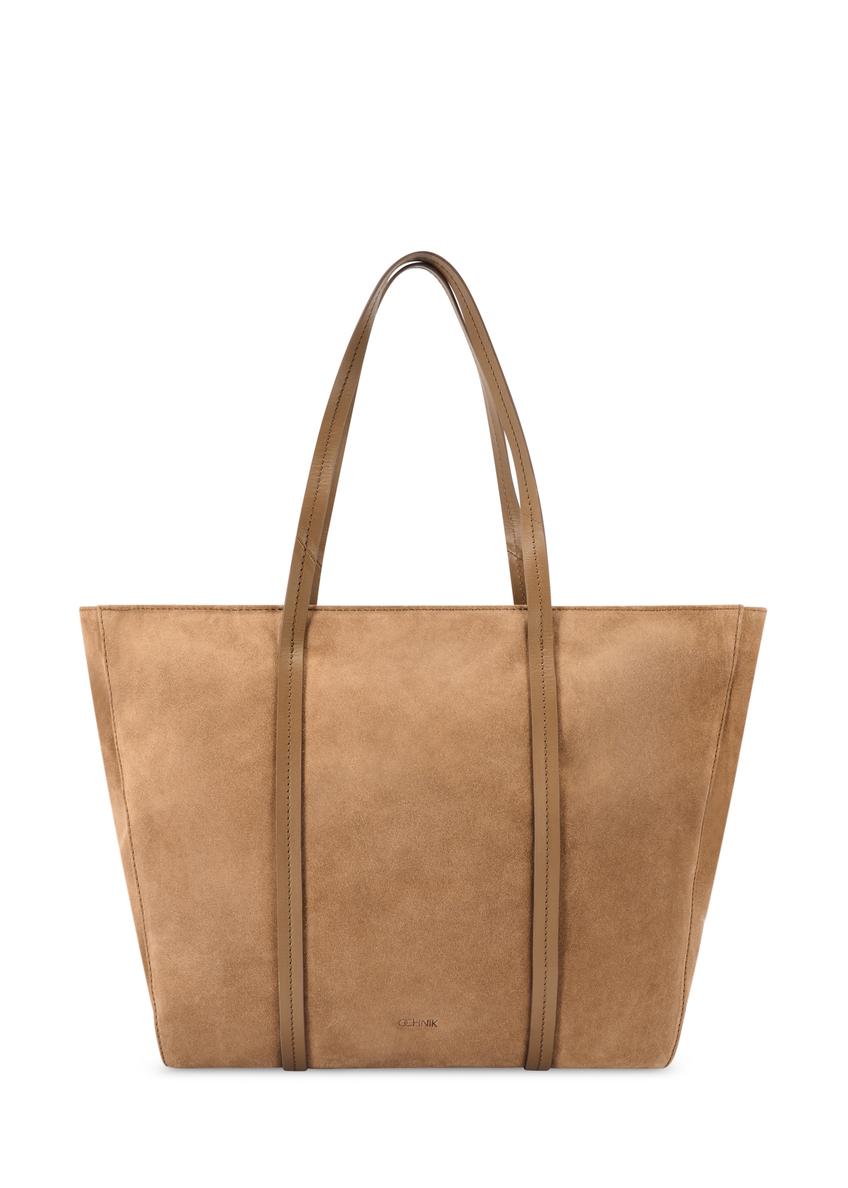 Beżowa zamszowa torebka shopper damska TORES-1248-1B(W26)- widok produktu z przodu, na białym tle. 