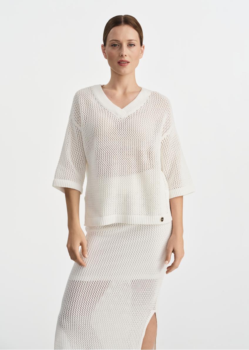 Biały dzianinowy sweter damski SWEDT-0231-11(W25)-01