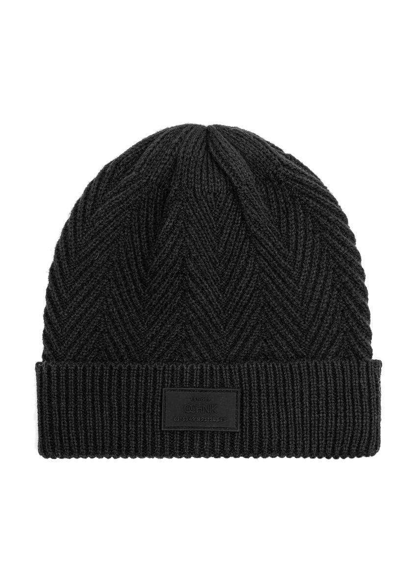 Czarna czapka męska w jodełkę CZAMT-0057-99(Z26)