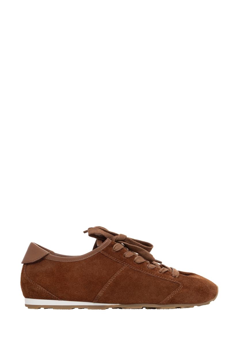 Jasnobrązowe zamszowe sneakersy damskie BUTYD-1348-1G(Z26), widok produktu z boku na białym tle.