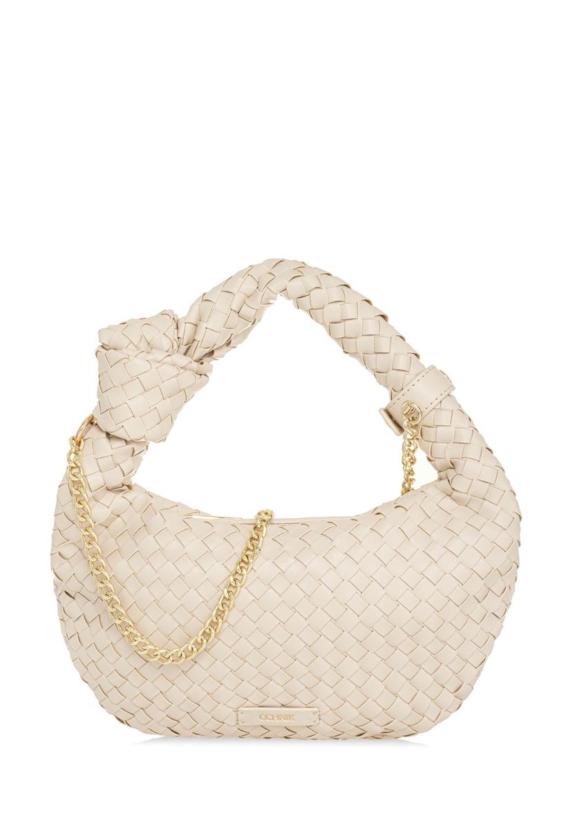 Pleciona torebka kremowa w stylu hobo TOREC-1007-12(W25) - widok przodu na białym tle. 